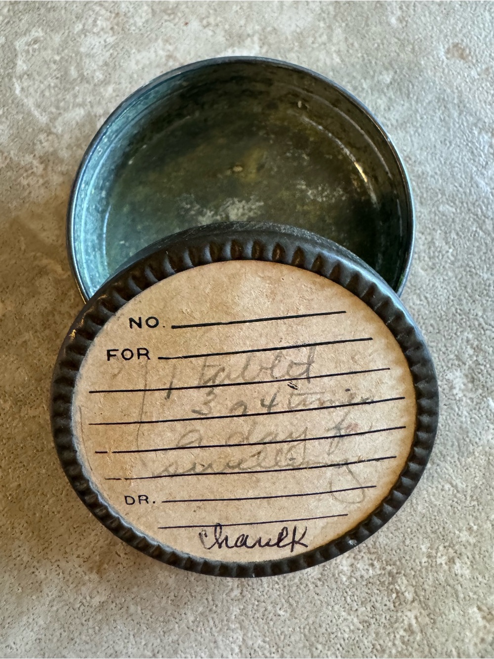 Vintage Metal Round Tin with Labeled Paper Insert - Brown Top, Silver Interior